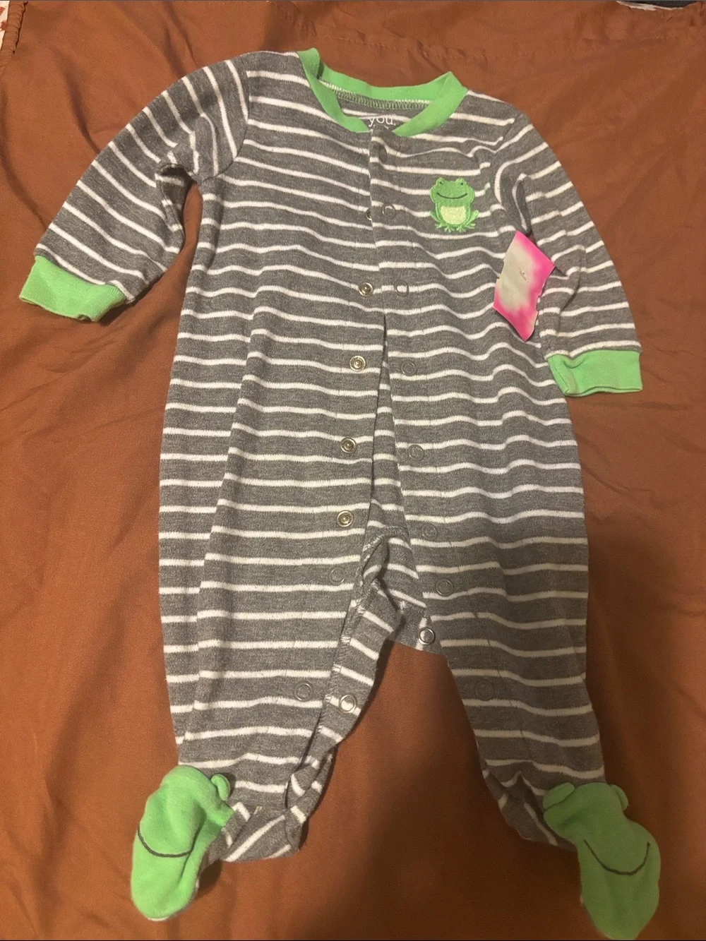 Carter's Gray & White Striped Footed One-Piece with Green Accents